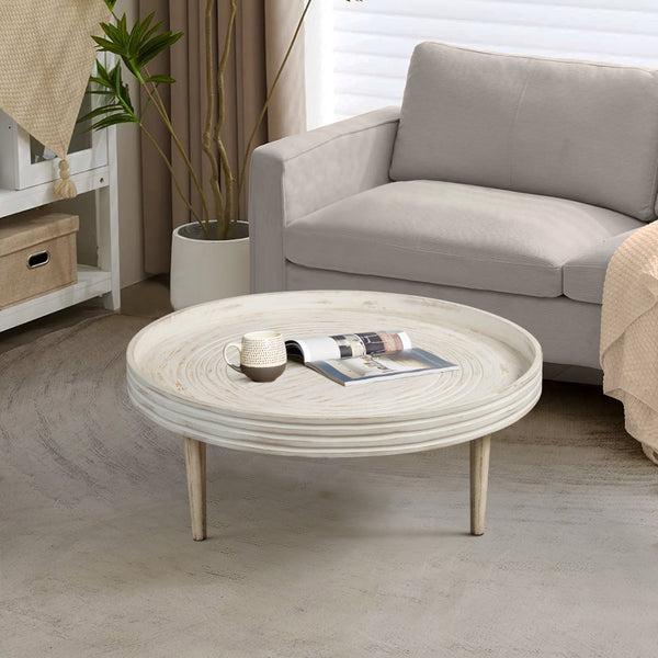 33 Inch Coffee Table, Solid Mango Wood, Handcrafted Round Grooved Raised Edge, Distressed White - UPT-299717