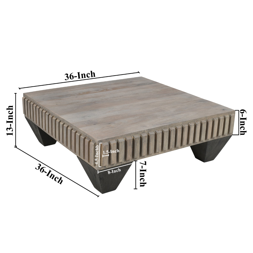 Tokyo Inspired 36 Inch Square Mango Wood Coffee Table - Handcrafted with Elegant Sandblasted Gray Finish And  Tapered Legs - UPT-301714