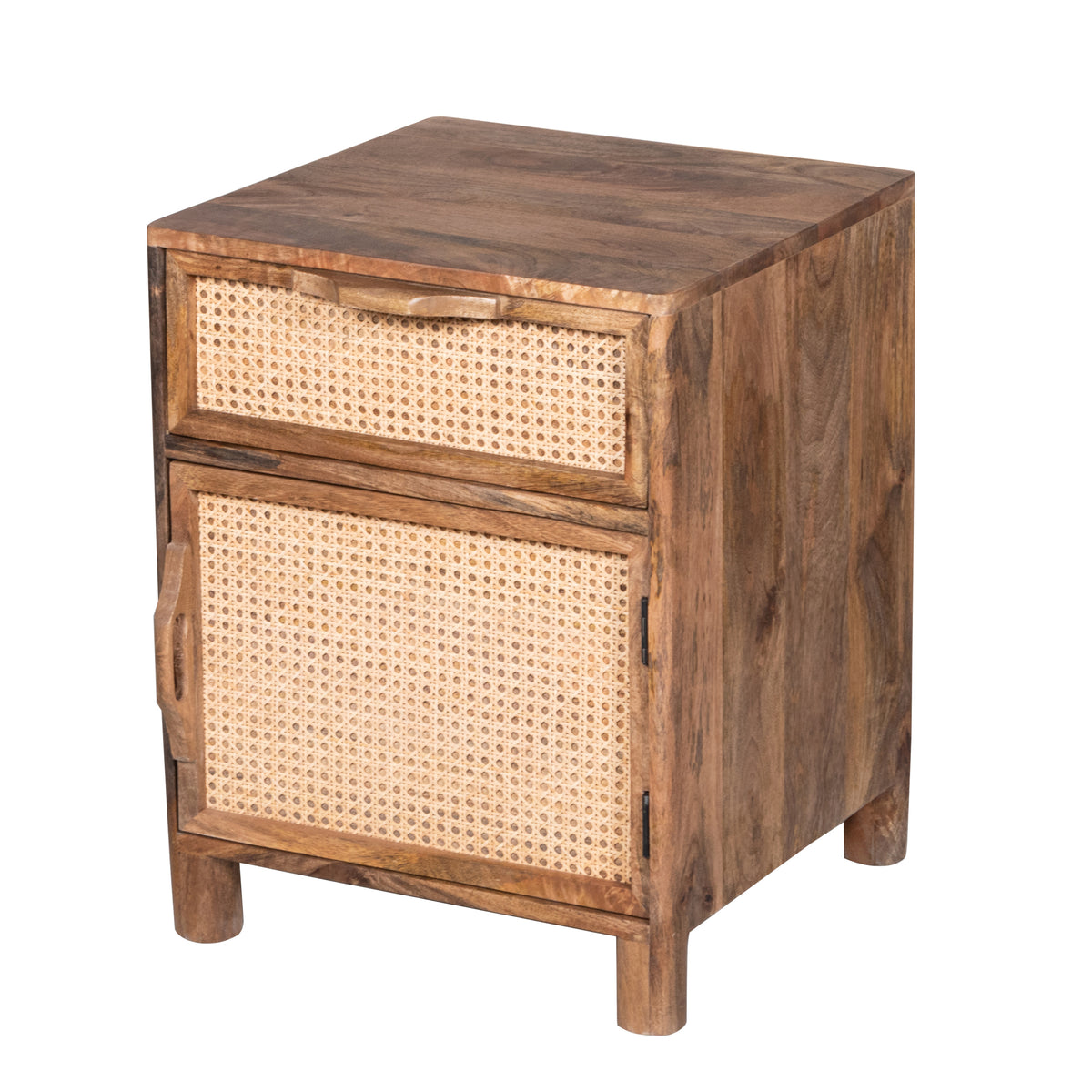 Mia 23 Inch Nightstand, Woven Rattan Cabinet Door and Drawer, Handcrafted Natural Brown Mango Wood - UPT-301715