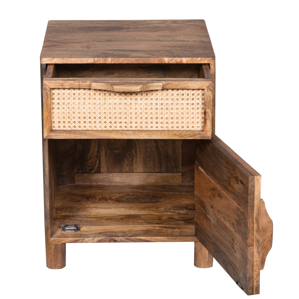 Mia 23 Inch Nightstand, Woven Rattan Cabinet Door and Drawer, Handcrafted Natural Brown Mango Wood - UPT-301715