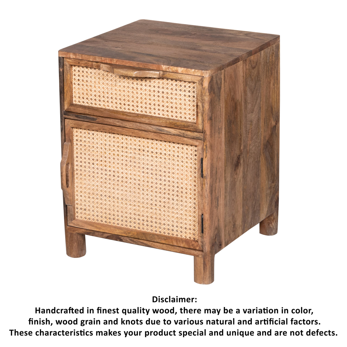 Mia 23 Inch Nightstand, Woven Rattan Cabinet Door and Drawer, Handcrafted Natural Brown Mango Wood - UPT-301715