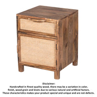 Mia 23 Inch Nightstand, Woven Rattan Cabinet Door and Drawer, Handcrafted Natural Brown Mango Wood - UPT-301715