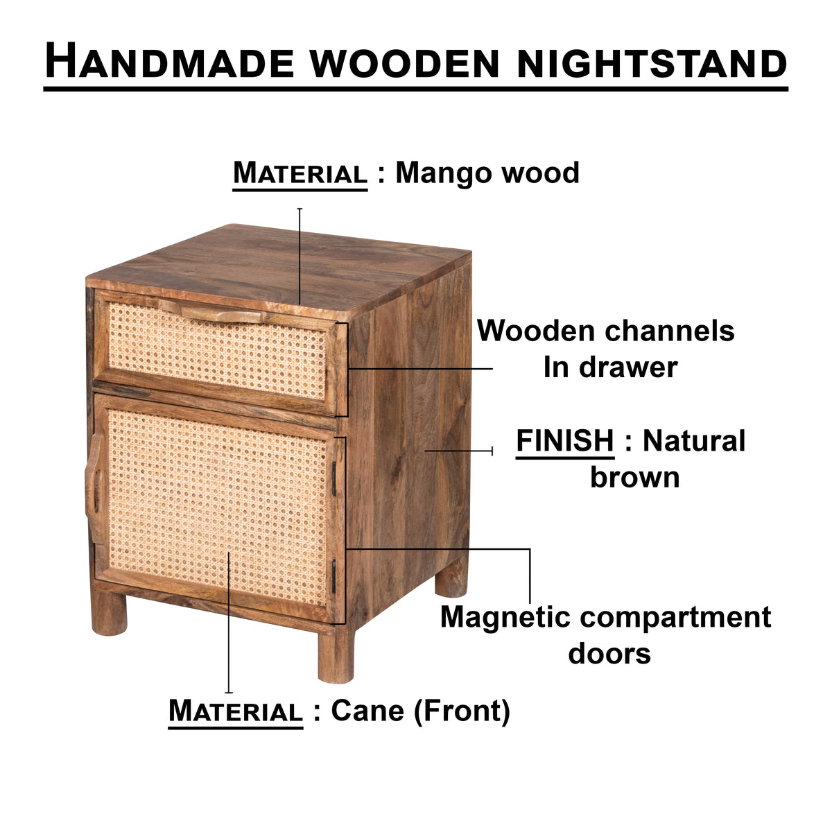 Mia 23 Inch Nightstand, Woven Rattan Cabinet Door and Drawer, Handcrafted Natural Brown Mango Wood - UPT-301715