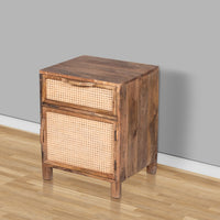 Mia 23 Inch Nightstand, Woven Rattan Cabinet Door and Drawer, Handcrafted Natural Brown Mango Wood - UPT-301715