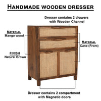 Mia 35 Inch Tall Dresser Chest, Woven Rattan Cabinet Doors and Drawer Fronts, Handcrafted Natural Mango Wood - UPT-301716