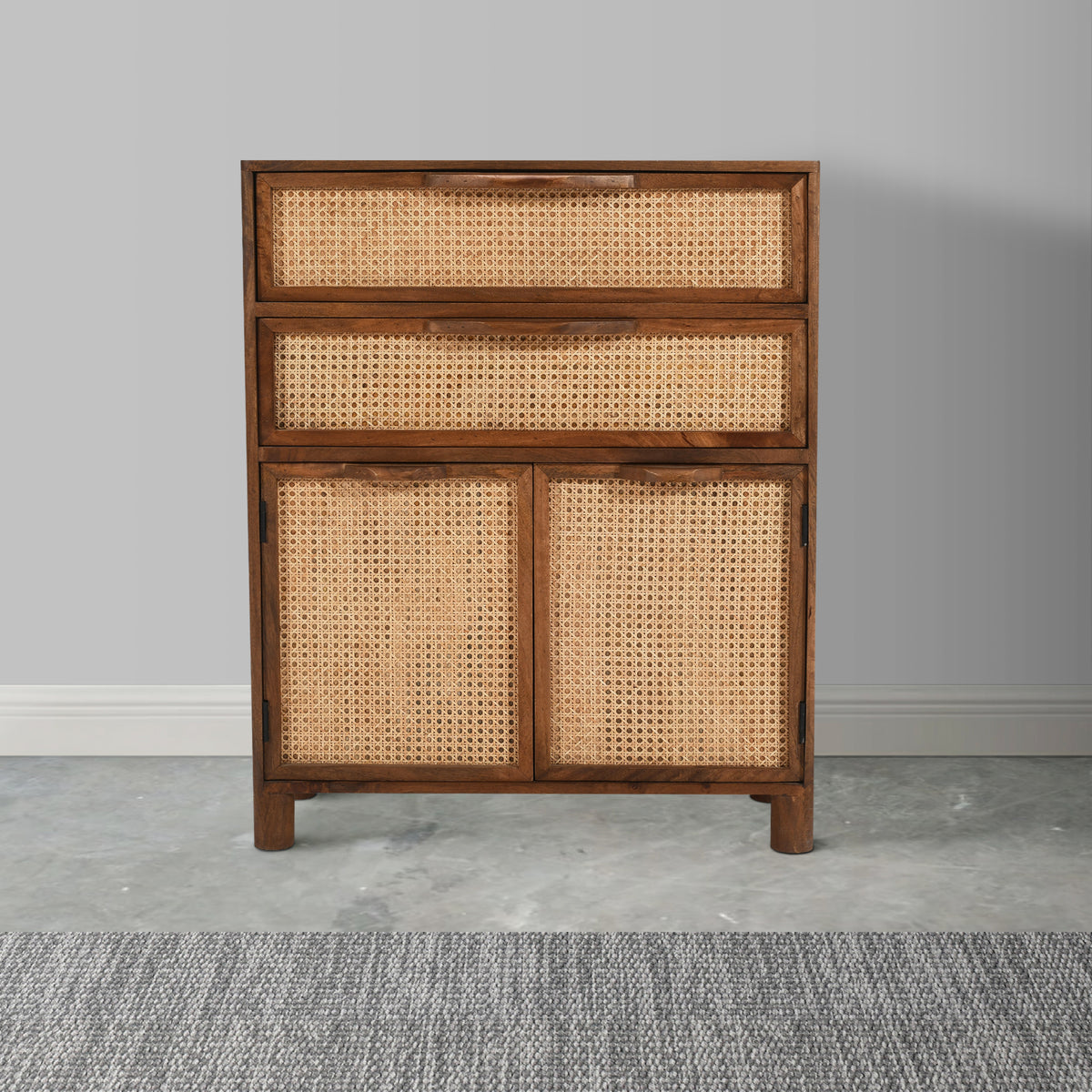 Mia 35 Inch Tall Dresser Chest, Woven Rattan Cabinet Doors and Drawer Fronts, Handcrafted Natural Mango Wood - UPT-301716