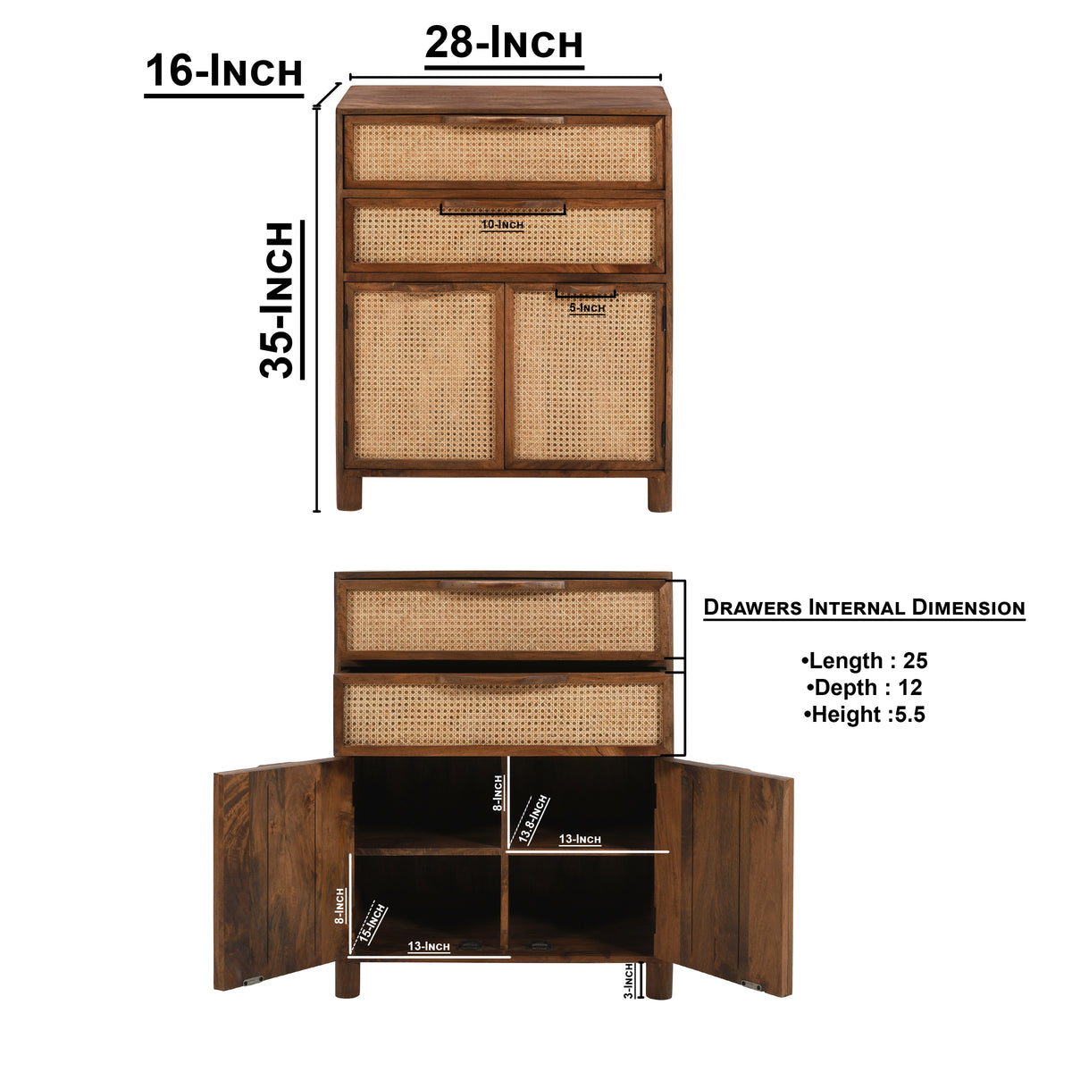 Mia 35 Inch Tall Dresser Chest, Woven Rattan Cabinet Doors and Drawer Fronts, Handcrafted Natural Mango Wood - UPT-301716