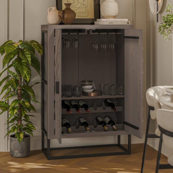 Denali Wine Bar Cabinet with Built-in Stemware Rack and Bottle Holder - Gray Acacia Wood With Black Iron Stand, 52 Inch - UPT-301717