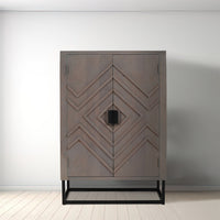 52 Inch Wine Bar Cabinet with Built in Stemware Rack, Bottle Holder in Gray Acacia Wood, Black Iron Metal - UPT-301717