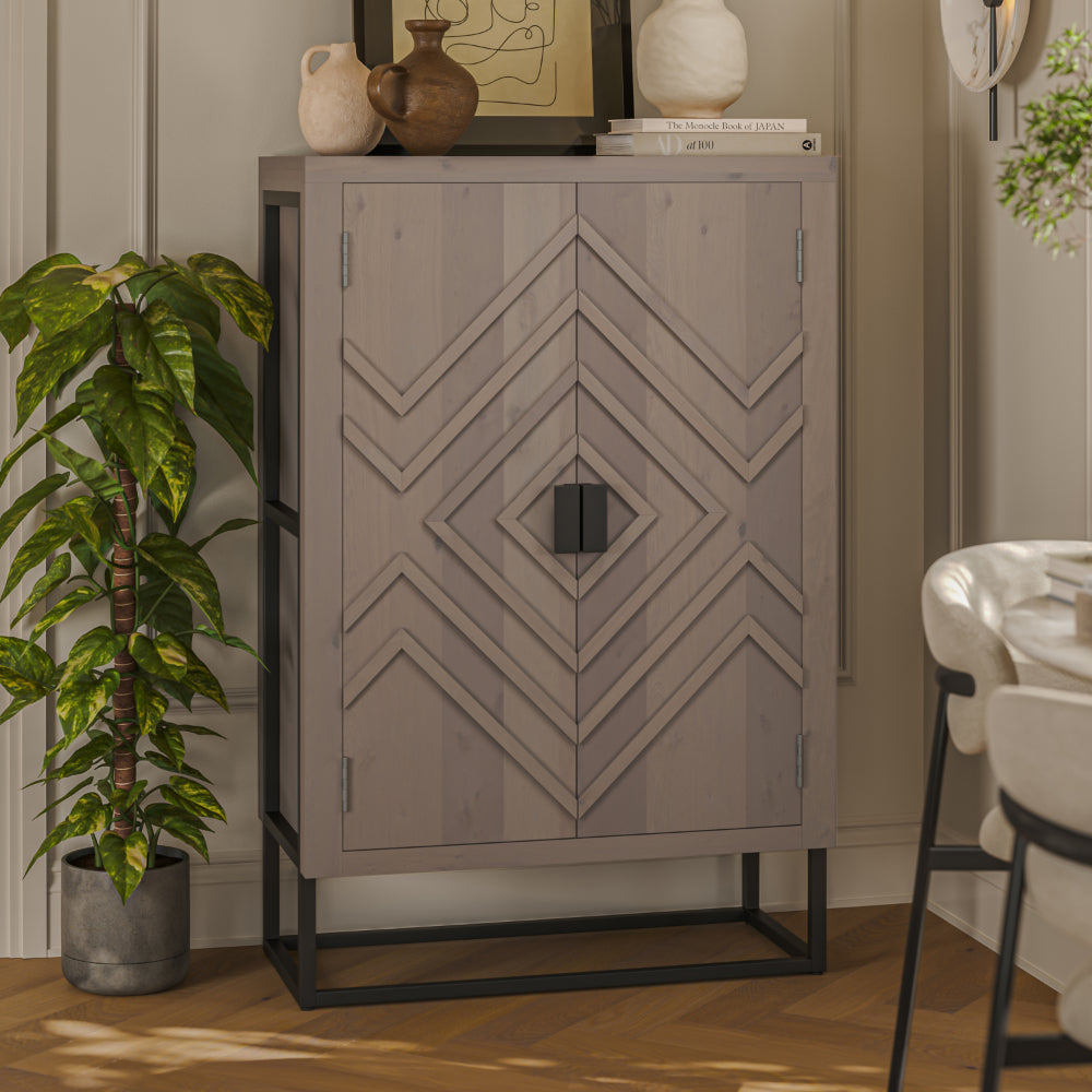 Denali Wine Bar Cabinet with Built in Stemware Rack and Bottle Holder Gray Acacia Wood With Black Iron Stand 52 Inch UPT 301717