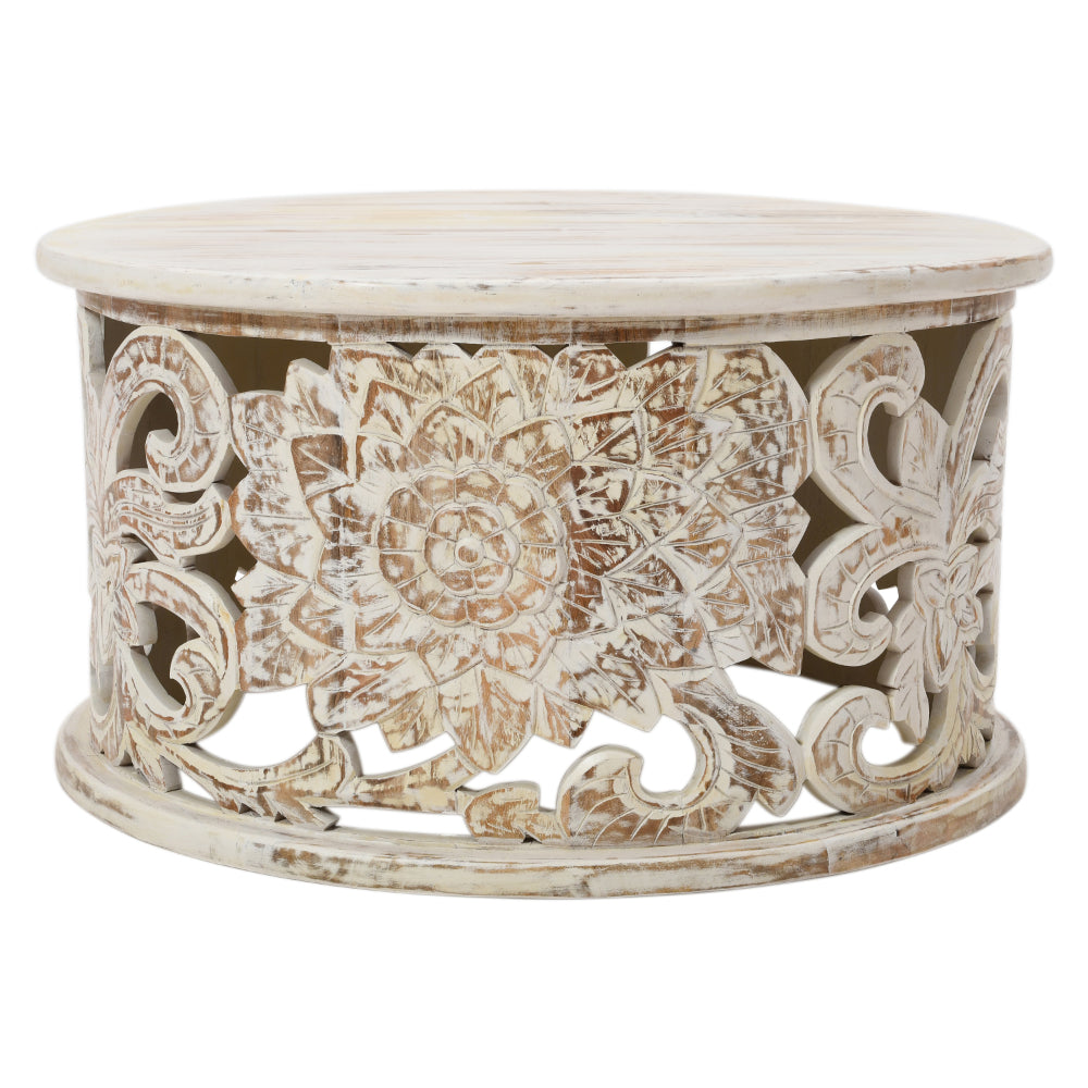 Alina Coffee Table Handcrafted Mango Wood Floral Carved Cut Out Design Distressed White Finish 33 Inch - UPT-301718