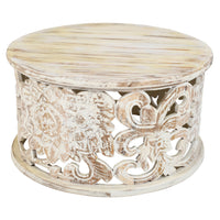 Alina Coffee Table Handcrafted Mango Wood Floral Carved Cut Out Design Distressed White Finish 33 Inch - UPT-301718