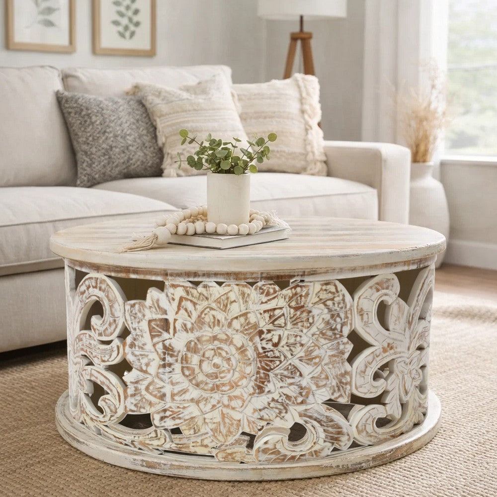 Alina Coffee Table Handcrafted Mango Wood Floral Carved Cut Out Design Distressed White Finish 33 Inch - UPT-301718