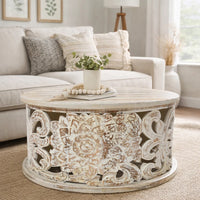 Alina Coffee Table Handcrafted Mango Wood Floral Carved Cut Out Design Distressed White Finish 33 Inch - UPT-301718