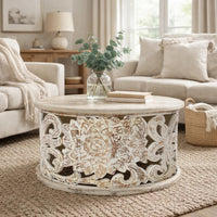 Alina Coffee Table Handcrafted Mango Wood Floral Carved Cut Out Design Distressed White Finish 33 Inch - UPT-301718