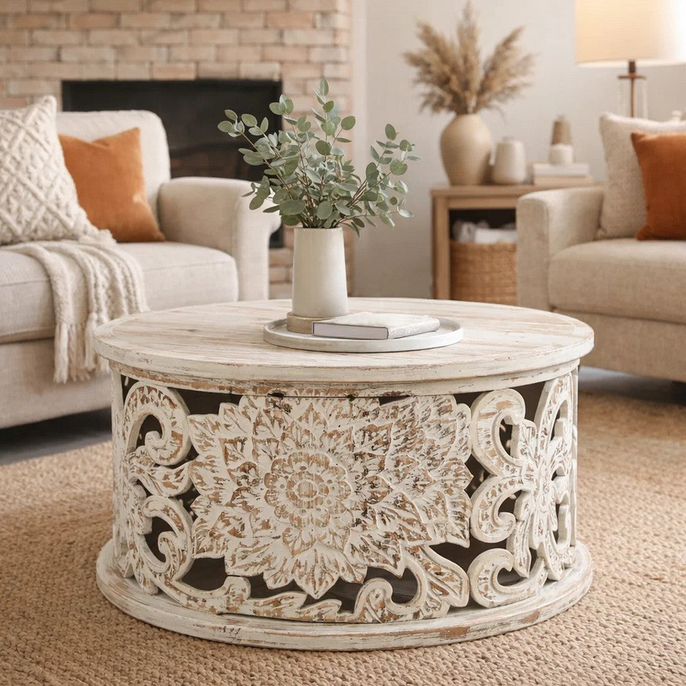 Alina Coffee Table Handcrafted Mango Wood Floral Carved Cut Out Design Distressed White Finish 33 Inch - UPT-301718