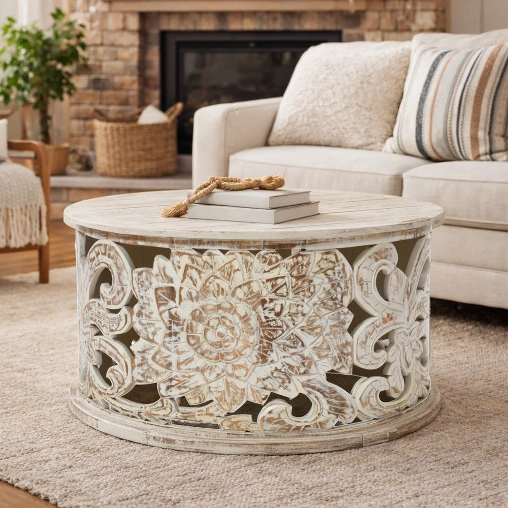 Alina Coffee Table Handcrafted Mango Wood Floral Carved Cut Out Design Distressed White Finish 33 Inch - UPT-301718