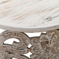 Alina Coffee Table Handcrafted Mango Wood Floral Carved Cut Out Design Distressed White Finish 33 Inch - UPT-301718