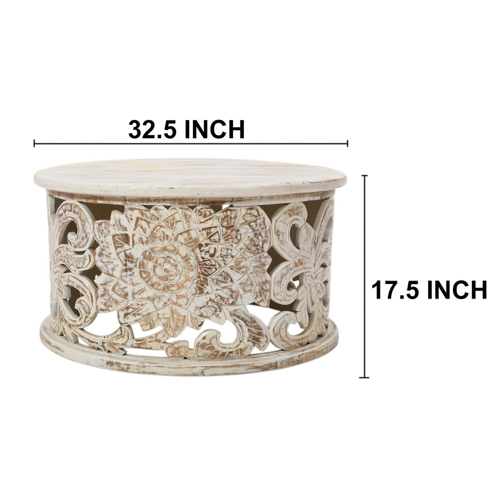 Alina Coffee Table Handcrafted Mango Wood Floral Carved Cut Out Design Distressed White Finish 33 Inch - UPT-301718