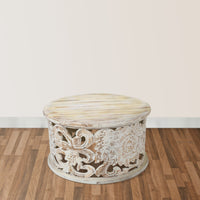 Alina Coffee Table Handcrafted Mango Wood Floral Carved Cut Out Design Distressed White Finish 33 Inch - UPT-301718