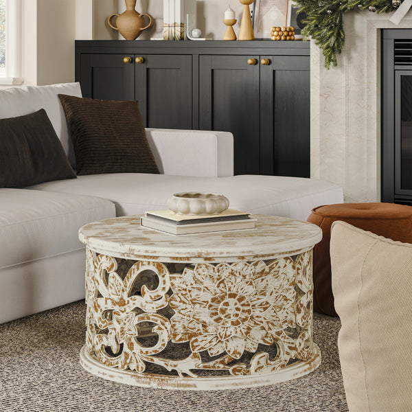 Alina Coffee Table Handcrafted Mango Wood Floral Carved Cut Out Design Distressed White Finish 33 Inch - UPT-301718