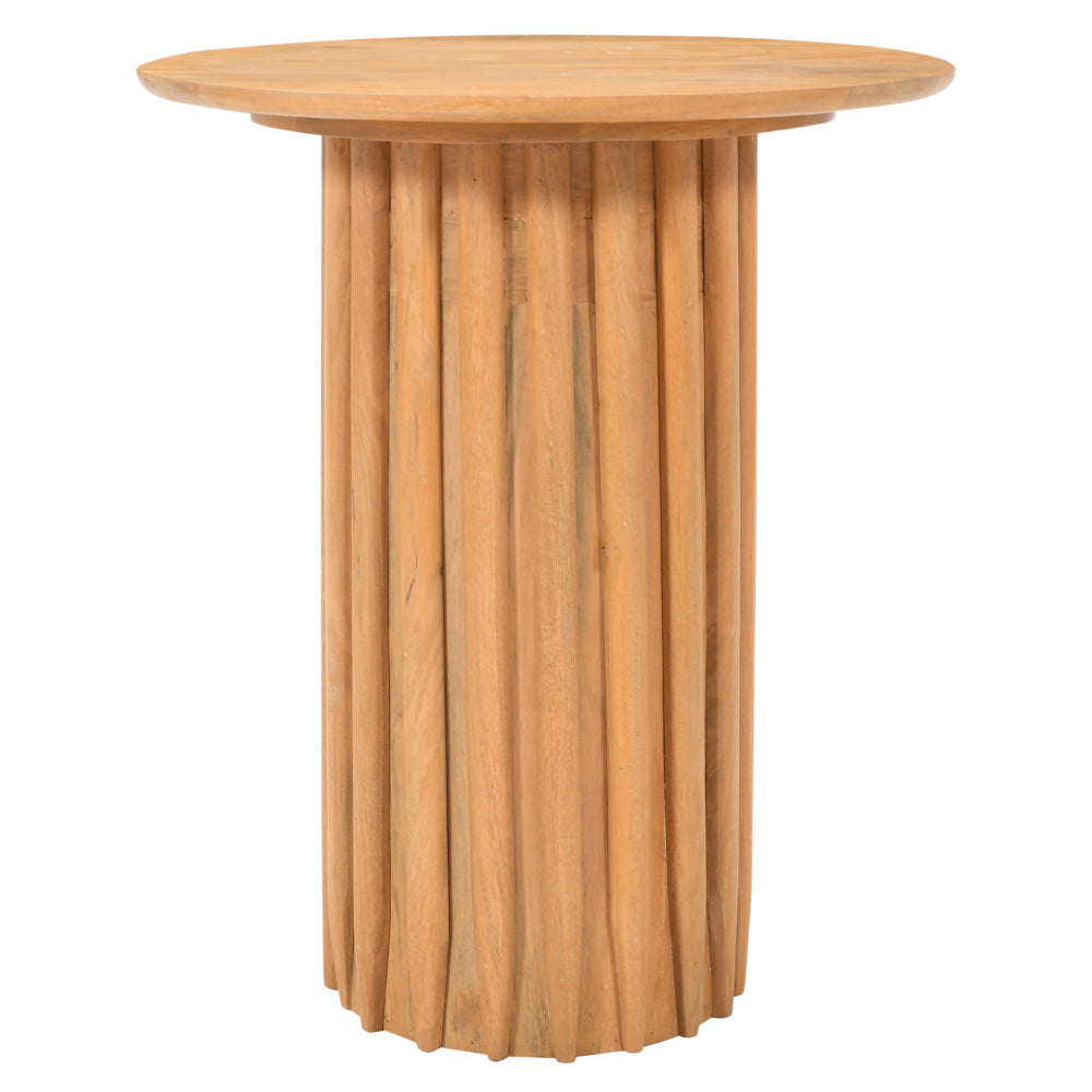 Sejo Side End Table, 20 Inch Round Top with Fluted Base in Natural Brown Mango Wood - UPT-301719