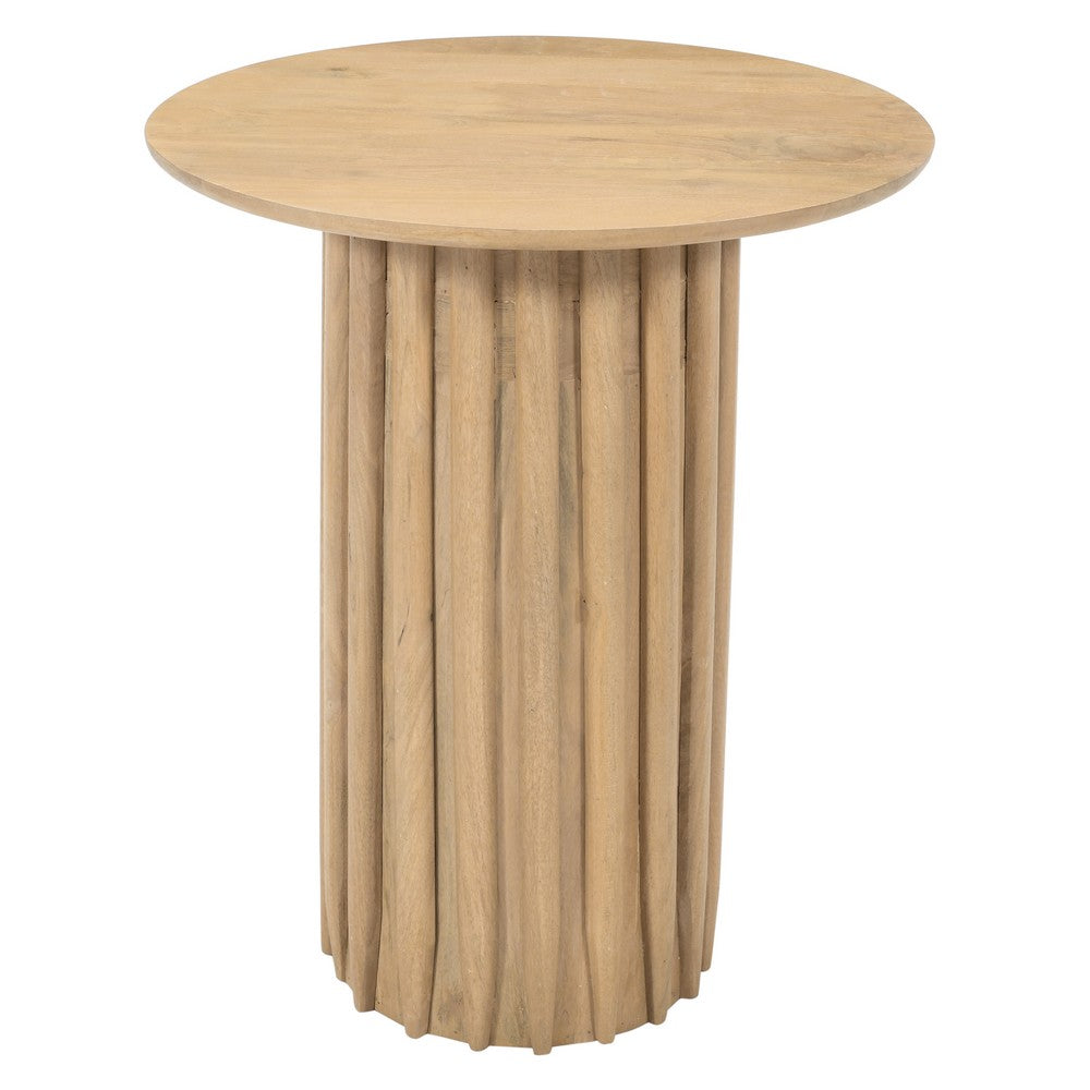 Sejo Side End Table, 20 Inch Round Top with Fluted Base in Natural Brown Mango Wood - UPT-301719