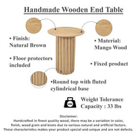 Sejo Side End Table, 20 Inch Round Top with Fluted Base in Natural Brown Mango Wood - UPT-301719