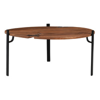 31 Inch Coffee Table, Handcrafted Live Edge Mango Wood Round Top with Cracks and Stitches, Black Iron Legs - UPT-301720