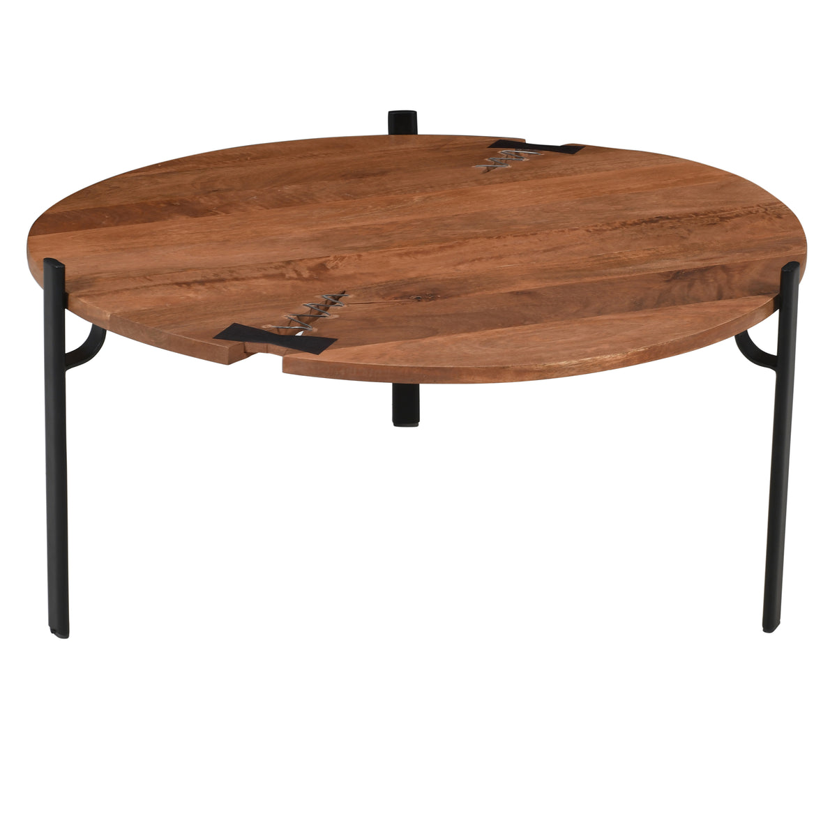 31 Inch Coffee Table, Handcrafted Live Edge Mango Wood Round Top with Cracks and Stitches, Black Iron Legs - UPT-301720