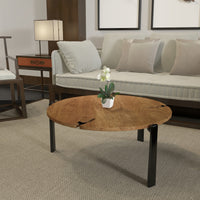 31 Inch Coffee Table, Handcrafted Live Edge Mango Wood Round Top with Cracks and Stitches, Black Iron Legs - UPT-301720