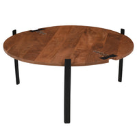 31 Inch Coffee Table, Handcrafted Live Edge Mango Wood Round Top with Cracks and Stitches, Black Iron Legs - UPT-301720