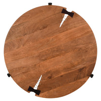 31 Inch Coffee Table, Handcrafted Live Edge Mango Wood Round Top with Cracks and Stitches, Black Iron Legs - UPT-301720