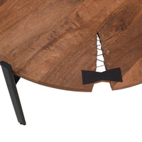 31 Inch Coffee Table, Handcrafted Live Edge Mango Wood Round Top with Cracks and Stitches, Black Iron Legs - UPT-301720