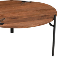 31 Inch Coffee Table, Handcrafted Live Edge Mango Wood Round Top with Cracks and Stitches, Black Iron Legs - UPT-301720