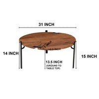 31 Inch Coffee Table, Handcrafted Live Edge Mango Wood Round Top with Cracks and Stitches, Black Iron Legs - UPT-301720