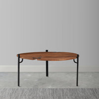 31 Inch Coffee Table, Handcrafted Live Edge Mango Wood Round Top with Cracks and Stitches, Black Iron Legs - UPT-301720