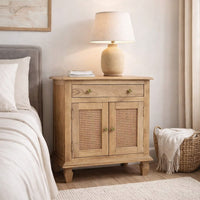 30 Inch Nightstand Table, Rattan Cabinet Doors and Drawer Fronts, Sandblasted Brown Mango Wood - UPT-301721