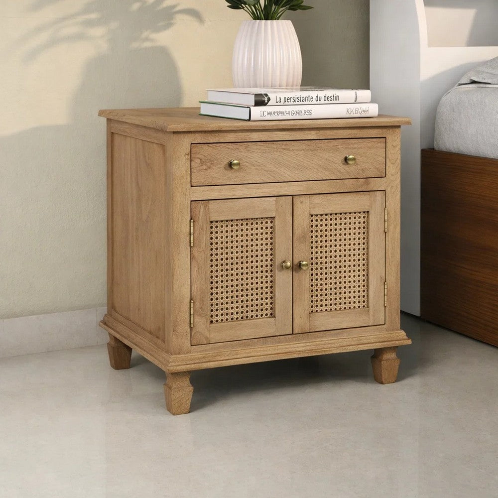 30 Inch Nightstand Table, Rattan Cabinet Doors and Drawer Fronts, Sandblasted Brown Mango Wood - UPT-301721