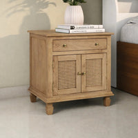 30 Inch Nightstand Table, Rattan Cabinet Doors and Drawer Fronts, Sandblasted Brown Mango Wood - UPT-301721