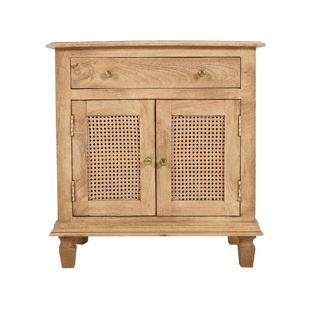 30 Inch Nightstand Table, Rattan Cabinet Doors and Drawer Fronts, Sandblasted Brown Mango Wood - UPT-301721
