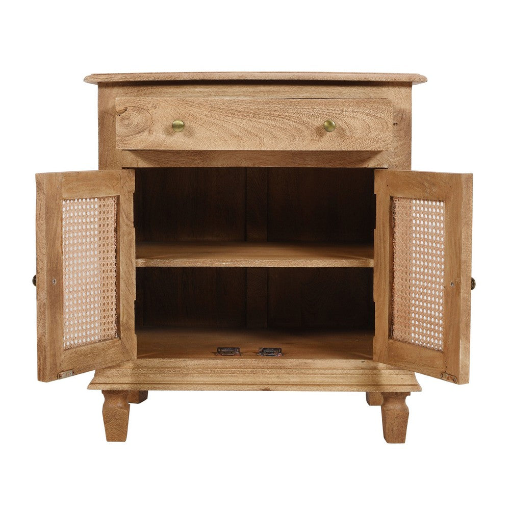 30 Inch Nightstand Table, Rattan Cabinet Doors and Drawer Fronts, Sandblasted Brown Mango Wood - UPT-301721
