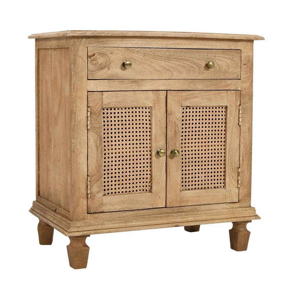 30 Inch Nightstand Table, Rattan Cabinet Doors and Drawer Fronts, Sandblasted Brown Mango Wood - UPT-301721