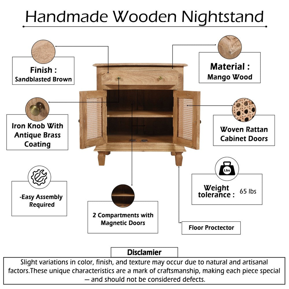 30 Inch Nightstand Table, Rattan Cabinet Doors and Drawer Fronts, Sandblasted Brown Mango Wood - UPT-301721