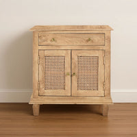 30 Inch Nightstand Table, Rattan Cabinet Doors and Drawer Fronts, Sandblasted Brown Mango Wood - UPT-301721