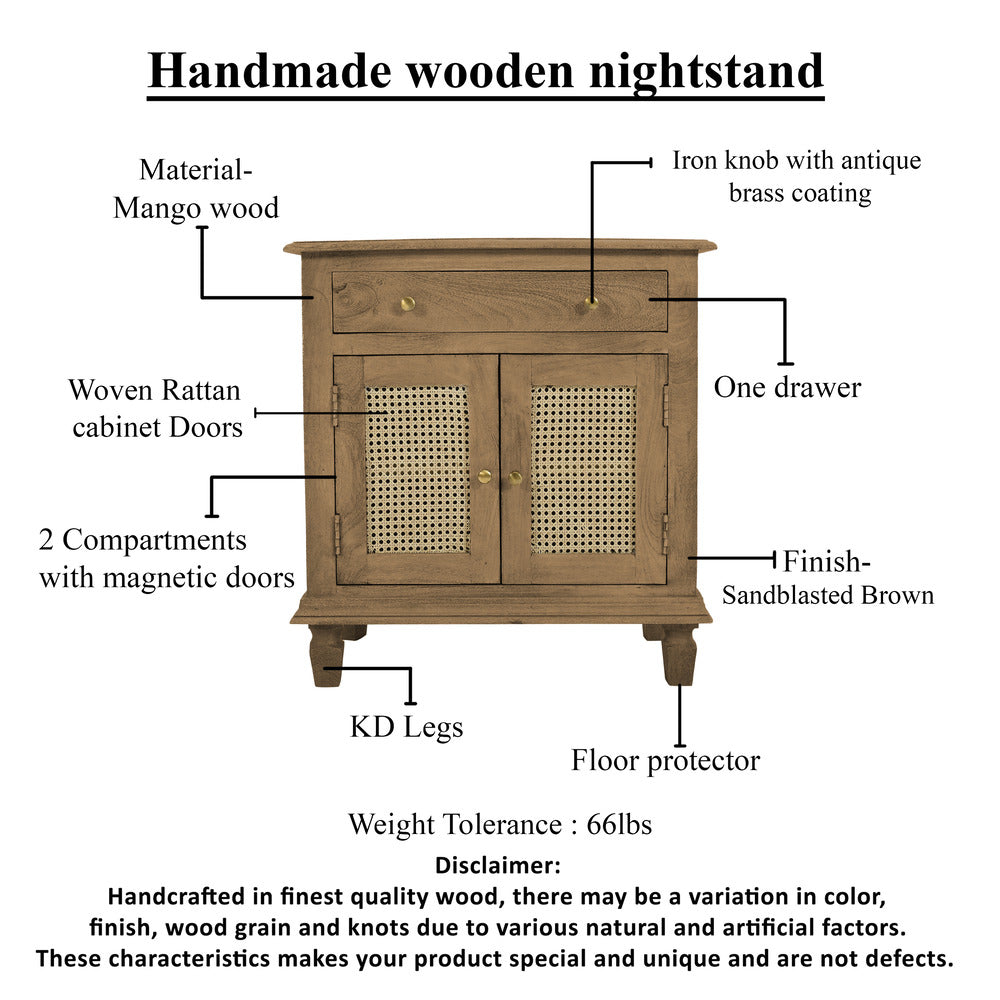 30 Inch Nightstand Table, Rattan Cabinet Doors and Drawer Fronts, Sandblasted Brown Mango Wood - UPT-301721