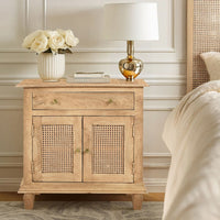 30 Inch Nightstand Table, Rattan Cabinet Doors and Drawer Fronts, Sandblasted Brown Mango Wood - UPT-301721