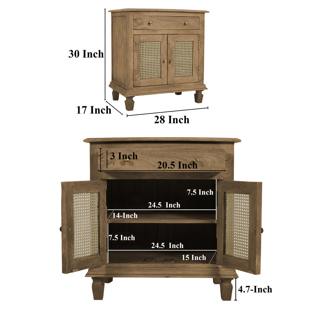 30 Inch Nightstand Table, Rattan Cabinet Doors and Drawer Fronts, Sandblasted Brown Mango Wood - UPT-301721