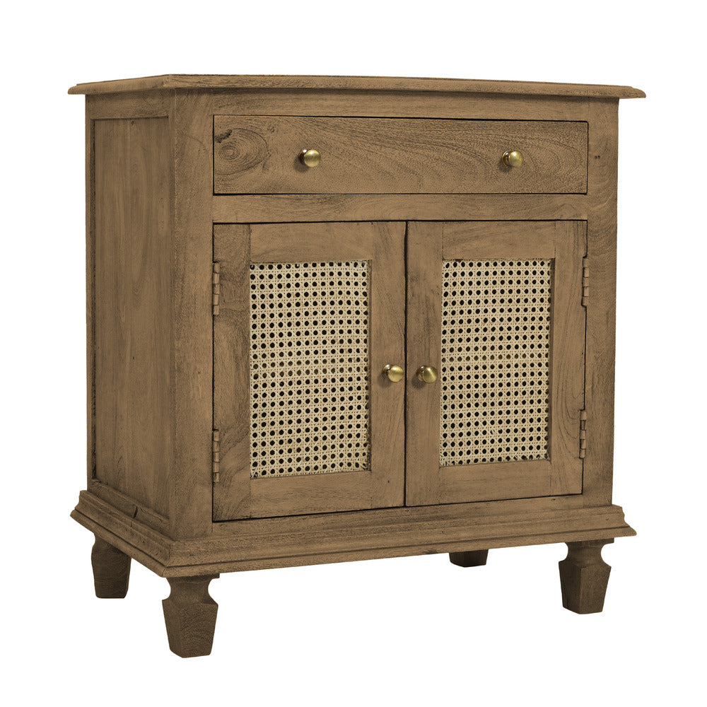 30 Inch Nightstand Table, Rattan Cabinet Doors and Drawer Fronts, Sandblasted Brown Mango Wood - UPT-301721