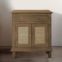 30 Inch Nightstand Table, Rattan Cabinet Doors and Drawer Fronts, Sandblasted Brown Mango Wood - UPT-301721